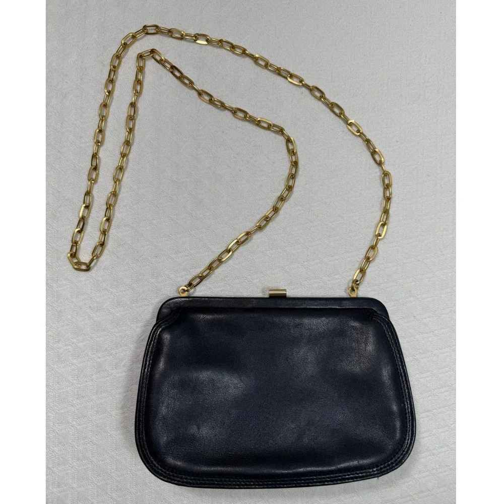 Liz Claiborne Vintage Navy Blue‎ Leather Frame Crossbody Bag Gold Chain Strap